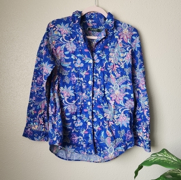 Lauren Ralph Lauren Blue Paisley Button Down Boho Multicolor Floral Top M - Picture 1 of 8